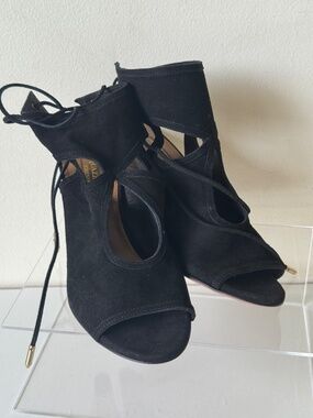 Aquazzura Black Suede Lace Up Wedge Sandals Cutout Italy Size 36 NWT